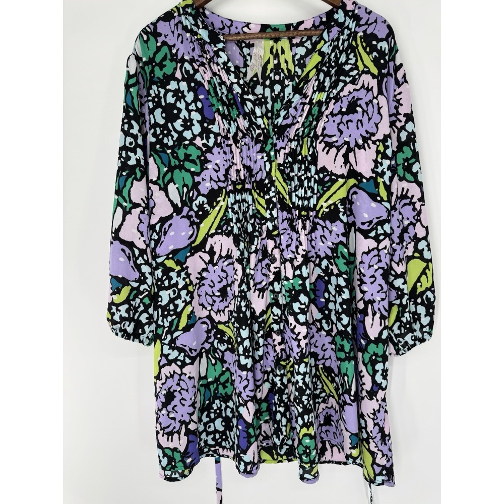Floral Button Tunic Top 2x Tie Pin Tuck 3/4 Sleeve Colorful Artsy Maximalist